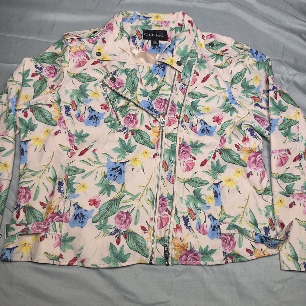 Colleen Lopez Pleather Floral Moto Jacket 2XL Edgy Faux Leather Pink NWOT